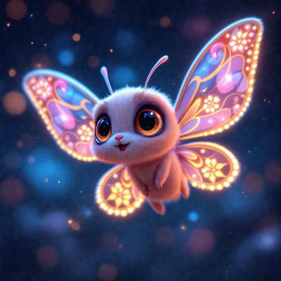 The primary subject of the image is a small, cute, and colorful butterfly. The butterfly is flying in a dark, starry night sky, which adds a sense of mystery and wonder to the scene. The visual style of the image is a combination of digital art and illustration, creating a whimsical and imaginative atmosphere. The colors and mood of the image are predominantly dark and moody, with the starry night sky and the butterfly's vibrant colors providing a
